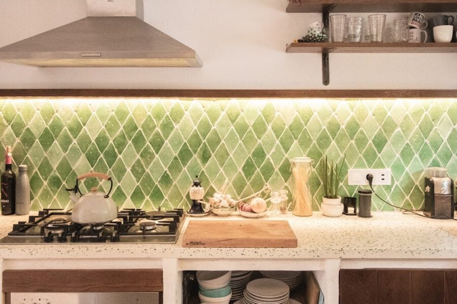 Casa Zubia: green tiles for a kitchen, blue tiles for a bathroom
